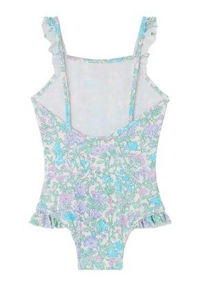 The Bonpoint Baby Girls' & Girls' Cecilia One Piece Swimsuit features pastel floral Liberty fabric, ruffled shoulder straps, and ruffle leg openings, shown on a white background.