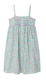 The Girls' Passion Dress by Bonpoint is a sleeveless, light blue and lavender floral sundress crafted from Liberty fabric, featuring thin straps, a hand-embroidered smocked buttoned bodice, and a gathered skirt.