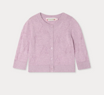 The Bonpoint Girls' Teyana Cardigan is a light purple, long-sleeve knit in soft organic cotton with front buttons and a round neckline, shown on a white background.