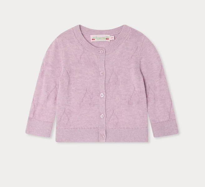 The Bonpoint Girls' Teyana Cardigan is a light purple, long-sleeve knit in soft organic cotton with front buttons and a round neckline, shown on a white background.