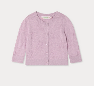 The Bonpoint Girls' Teyana Cardigan is a light purple, long-sleeve knit in soft organic cotton with front buttons and a round neckline, shown on a white background.