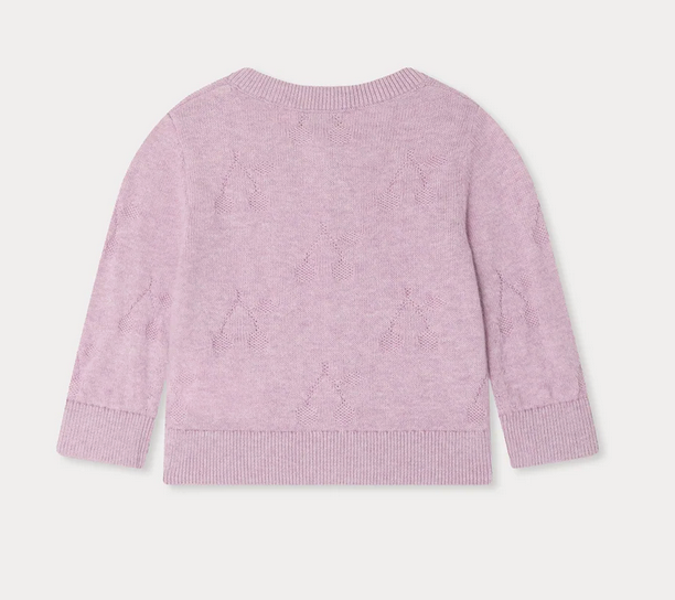 The Girls' Teyana Cardigan by Bonpoint is a light purple organic cotton knit sweater with long sleeves, ribbed cuffs and hem, and subtle textured patterns, shown from the back.