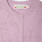 Closeup of the Girls' Teyana Cardigan by Bonpoint, in light purple soft knit with a round neckline, ribbed trim, and four buttons. Made from organic cotton. The label features cherries and size 6M.