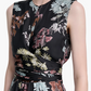 A woman wears the Altuzarra Penny Dress, a sleeveless black floral dress with a pastel print and gathered waist—perfect as a wedding guest outfit—shown from shoulders to waist.