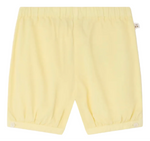 The Bonpoint Baby and Kids' Azur Bloomer features light yellow organic cotton poplin, an elastic waistband, and gathered hems. Crafted for comfort, these bloomers are shown flat against a white background.