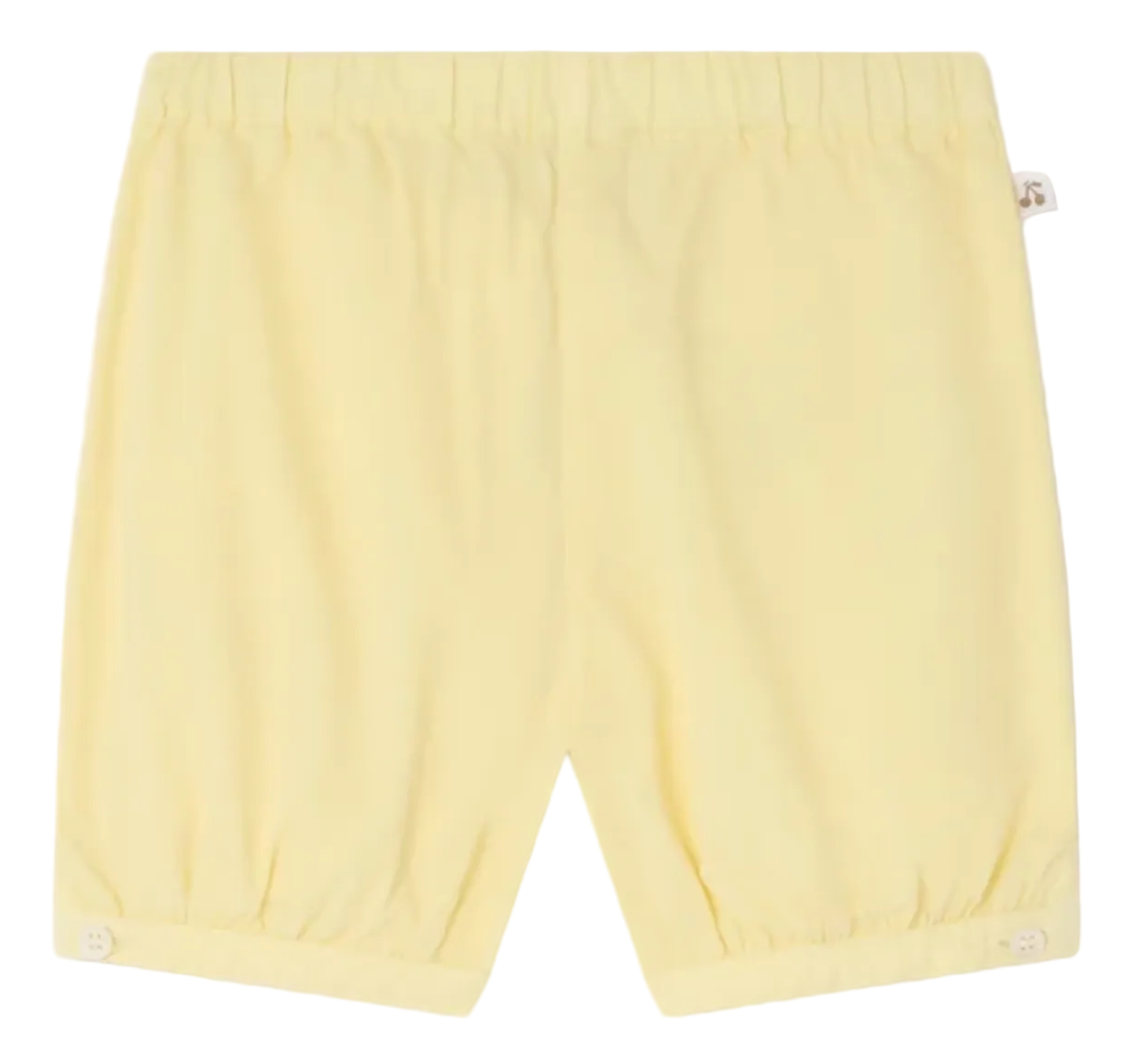 The Bonpoint Baby and Kids' Azur Bloomer features light yellow organic cotton poplin, an elastic waistband, and gathered hems. Crafted for comfort, these bloomers are shown flat against a white background.