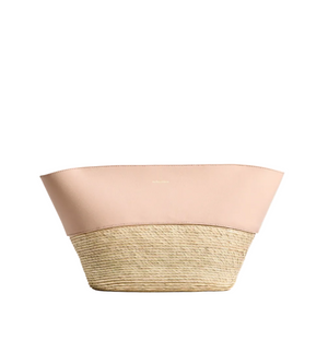 The Altuzarra Basket Clutch features a blush pink leather upper and woven lower construction, shown against a plain white background.