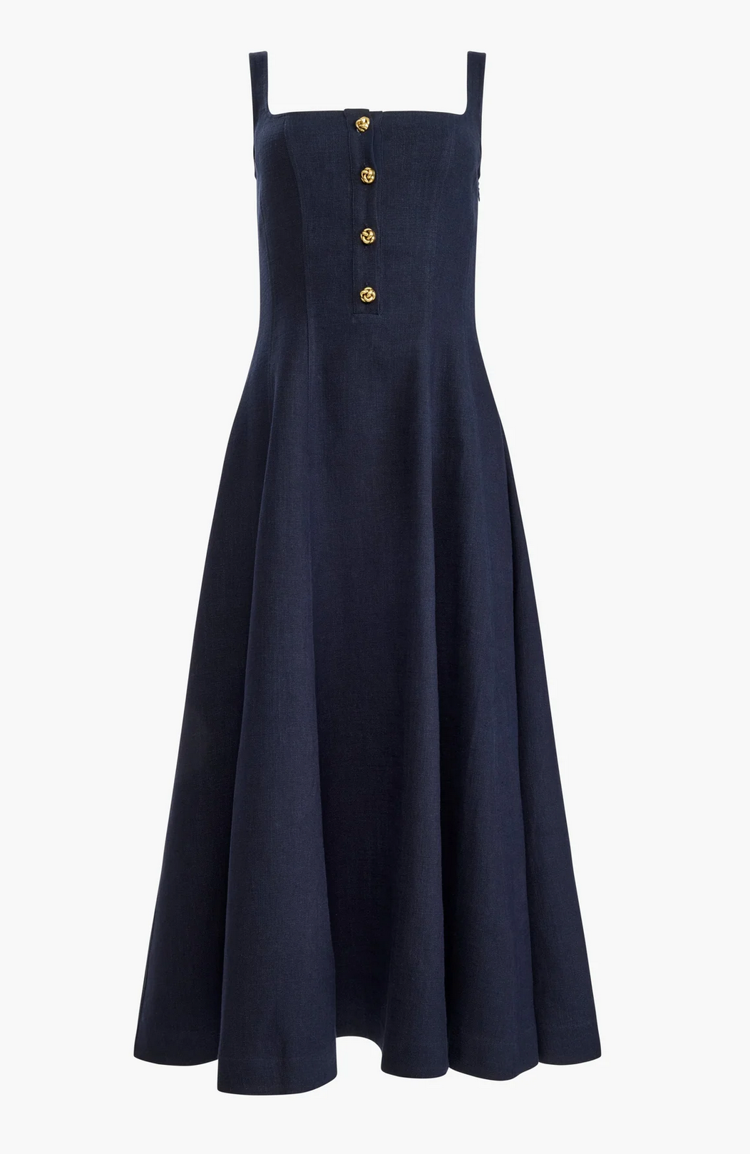 Altuzarra Orrie Dress in a navy linen blend, styled with wide straps, a square neckline, and four vintage-inspired buttons on the bodice.