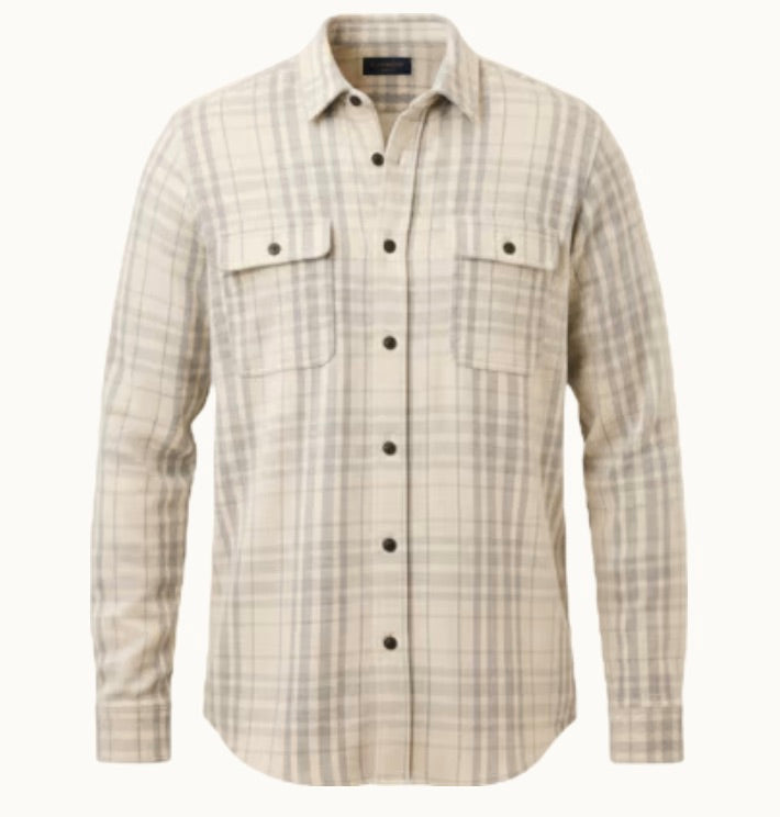 The Faherty Legend™ Sweater Shirt features long sleeves, a beige plaid pattern, button-down front, and two chest pockets, crafted from a custom fabric blend and shown against a plain background.