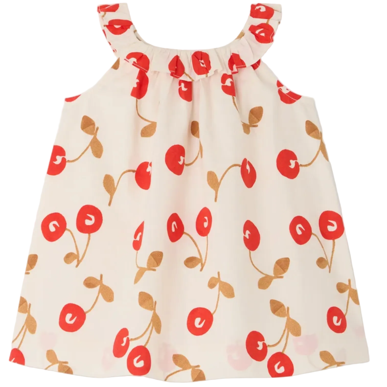 The Bonpoint Baby Girls' and Girls' Niniki Ruffled Dress is a sleeveless cream dress with a ruffled neckline, decorated with a red and brown cherry print and made from soft organic cotton.
