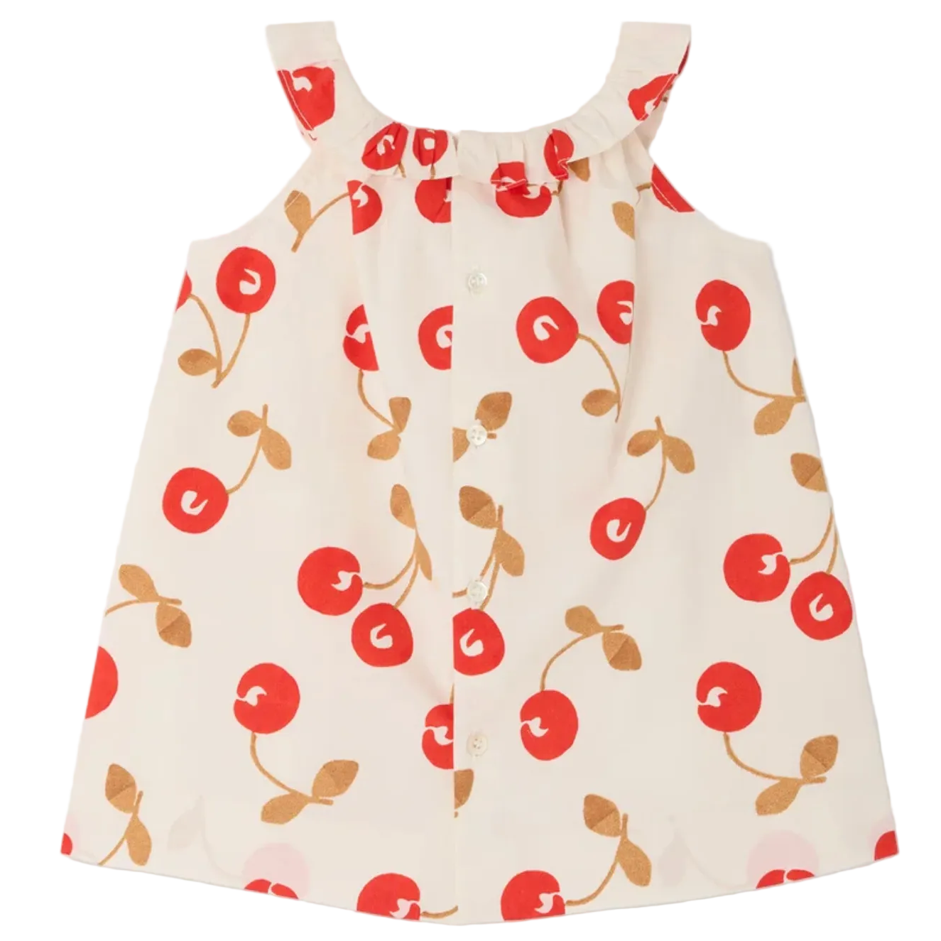 The Bonpoint Baby Girls' and Girls' Niniki Ruffled Dress features a sleeveless cream design with front buttons, a ruffled neckline, and a red cherry print with brown stems and leaves.