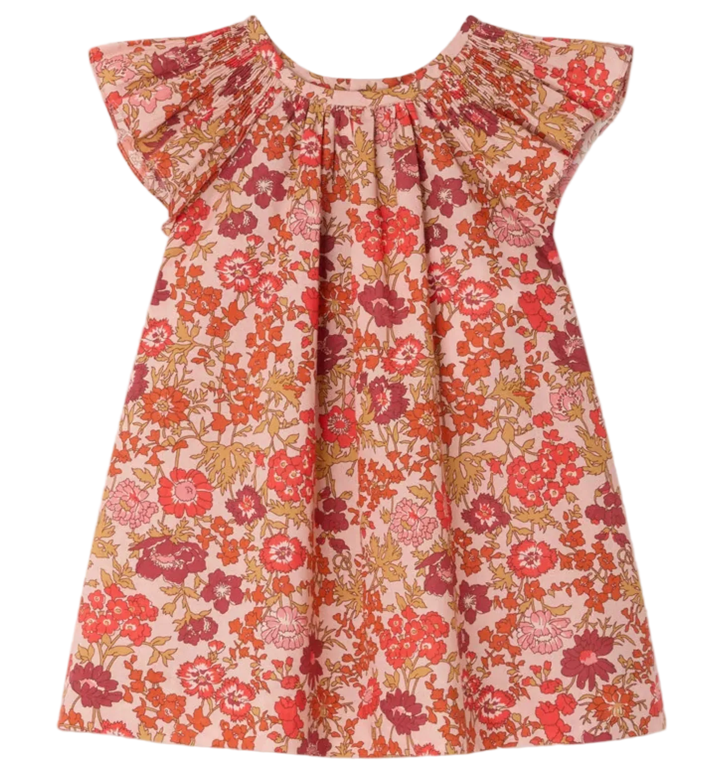 The Bonpoint Baby Girls' and Girls' Carmella Smocked Dress features short sleeves, Liberty fabric with pink, red, orange, and green florals, a gathered neckline, and a loose fit—perfect as a stylish baby dress.