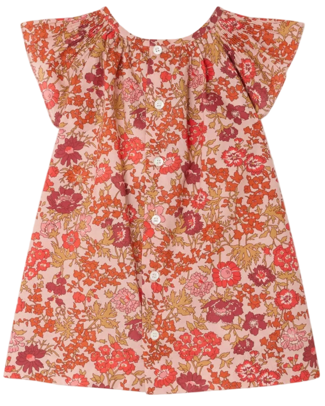 The Bonpoint Baby Girls' and Girls' Carmella Smocked Dress is a short-sleeve style crafted from Liberty fabric, featuring a pink background with red and orange flowers and white front buttons.