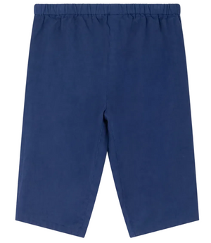 Flat lay of Bonpoint Baby Boys' and Boys' Dandy Indigo Trousers, featuring an elastic waistband, made from soft organic cotton, displayed against a white background.