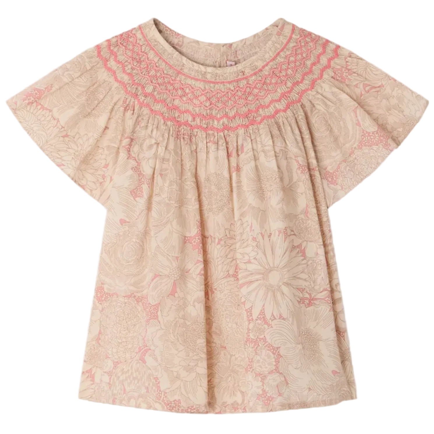 The Bonpoint Girls' Adelice Blouse features short sleeves, cream Liberty fabric with a pink floral pattern, and hand-embroidered smocked detailing at the neckline.