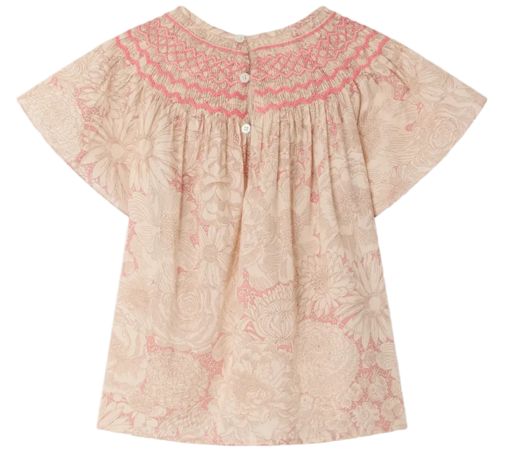 The Girls' Adelice Blouse by Bonpoint features short sleeves, a floral Liberty fabric, pink hand-embroidered smocking on the yoke, back button closure, and a light beige and pink palette.