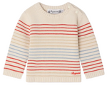 Bonpoint’s Baby Boys' and Boys' Aleksi Sweater features a cream color with red and light blue stripes, long sleeves, ribbed cuffs and hem, two shoulder buttons, and is crafted from a soft cotton-cashmere blend for cozy comfort.