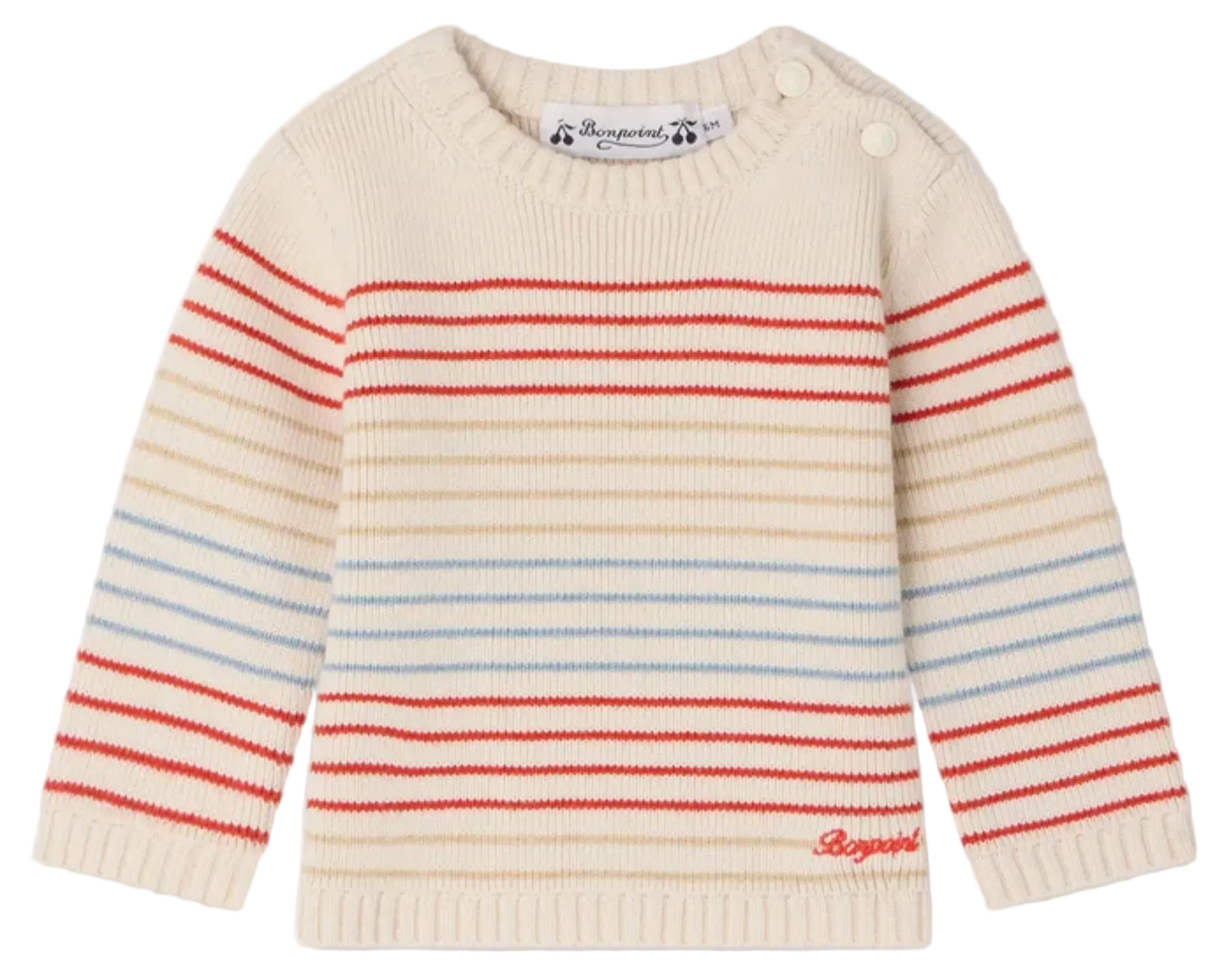 Bonpoint’s Baby Boys' and Boys' Aleksi Sweater features a cream color with red and light blue stripes, long sleeves, ribbed cuffs and hem, two shoulder buttons, and is crafted from a soft cotton-cashmere blend for cozy comfort.