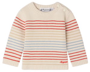 Bonpoint’s Baby Boys' and Boys' Aleksi Sweater features a cream color with red and light blue stripes, long sleeves, ribbed cuffs and hem, two shoulder buttons, and is crafted from a soft cotton-cashmere blend for cozy comfort.