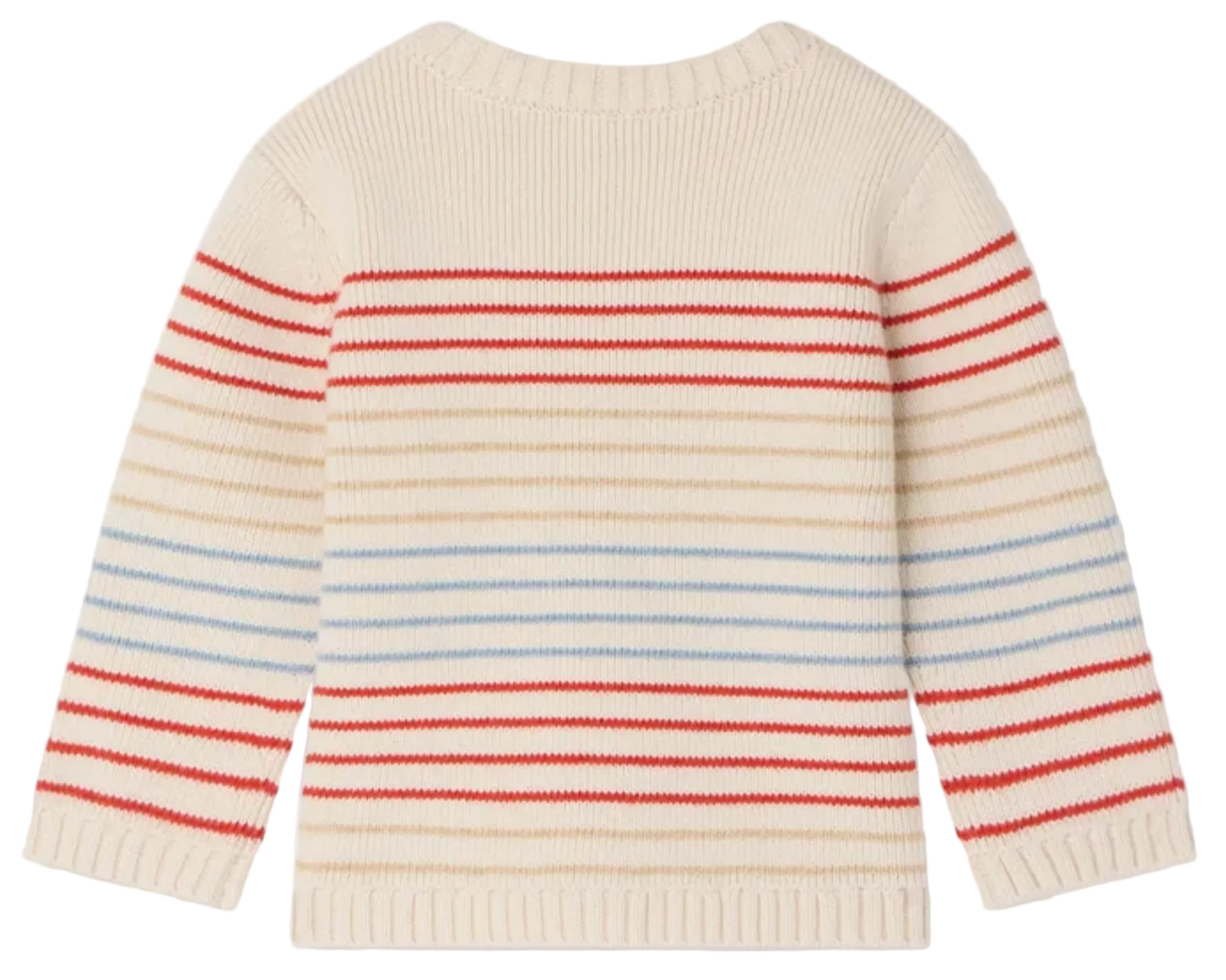 The Bonpoint Baby Boys' and Boys' Aleksi Sweater is cream-colored with red and light blue horizontal stripes, crafted from cotton cashmere, and shown from the back.
