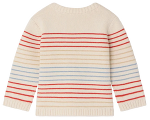 The Bonpoint Baby Boys' and Boys' Aleksi Sweater is cream-colored with red and light blue horizontal stripes, crafted from cotton cashmere, and shown from the back.