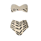 The Johanna Ortiz Sea Sprite & Taita Bikini is a two-piece set with a strapless top and high-waisted bottoms, showcasing a beige base and black brushstroke pattern.