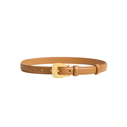 The Altuzarra Square Buckle Belt features tan calf leather, a slim profile, and a gold square buckle, shown against a white background.