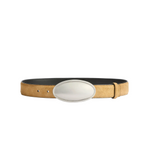 The Altuzarra Oval Plaque Belt in tan calf leather features a large, smooth silver-tone metal buckle and is displayed on a plain white background.