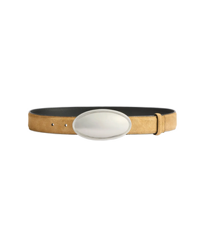 The Altuzarra Oval Plaque Belt in tan calf leather features a large, smooth silver-tone metal buckle and is displayed on a plain white background.