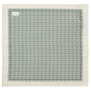 The Geometric Silk Oxford Pocket Square by Eton is an Italian-crafted, square pocket square made from Oxford-woven silk, displaying a repeated geometric pattern of blue and green outlined teardrops and featuring "ETON ATLANTA" subtly printed in small letters in the upper left corner.