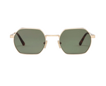 Ben sunglasses by Jimmy Fairly, featuring gold octagonal frames with dark green lenses and acetate sleeves, front view on a white background.
