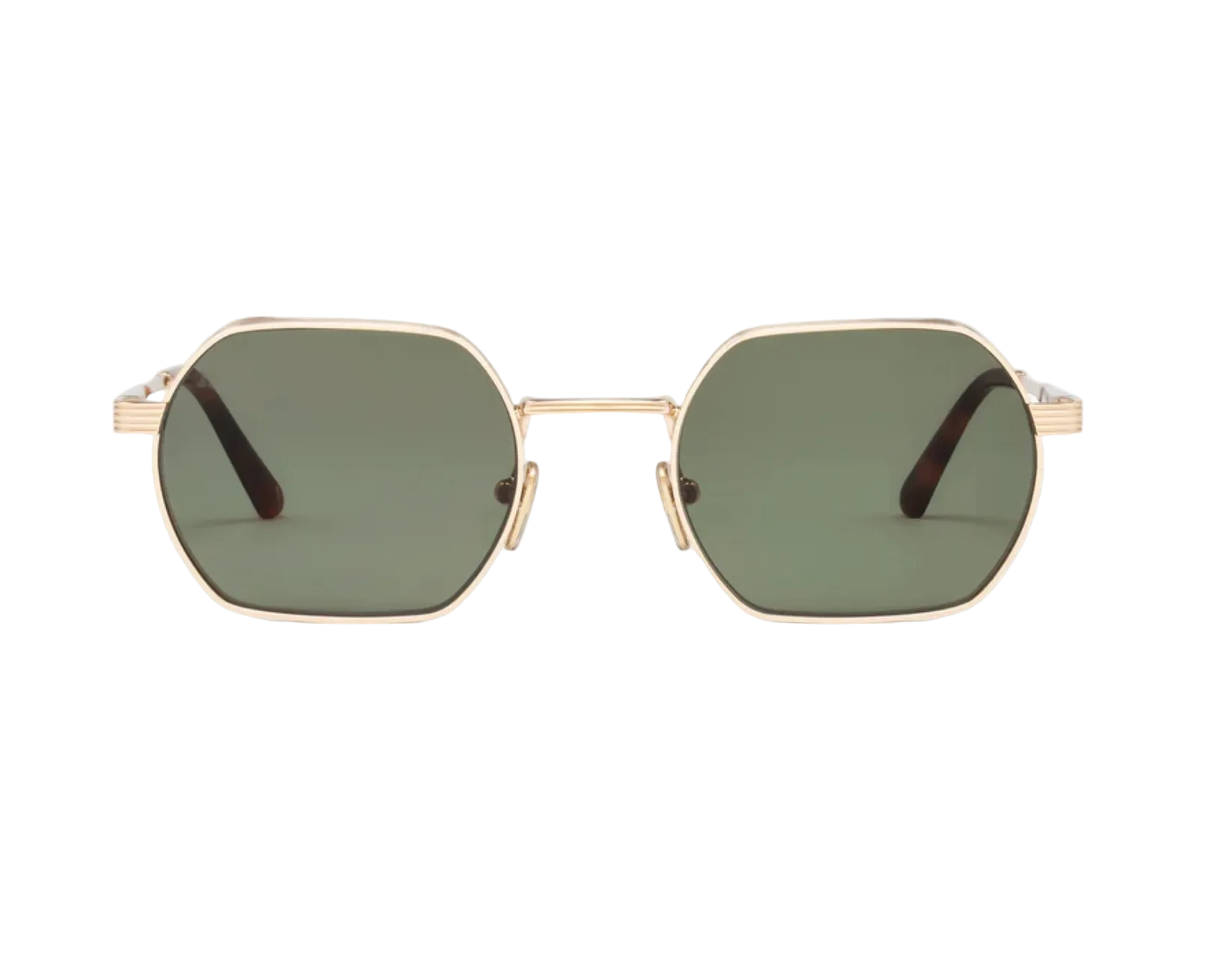 Ben sunglasses by Jimmy Fairly, featuring gold octagonal frames with dark green lenses and acetate sleeves, front view on a white background.