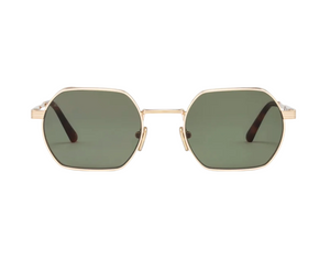 Ben sunglasses by Jimmy Fairly, featuring gold octagonal frames with dark green lenses and acetate sleeves, front view on a white background.