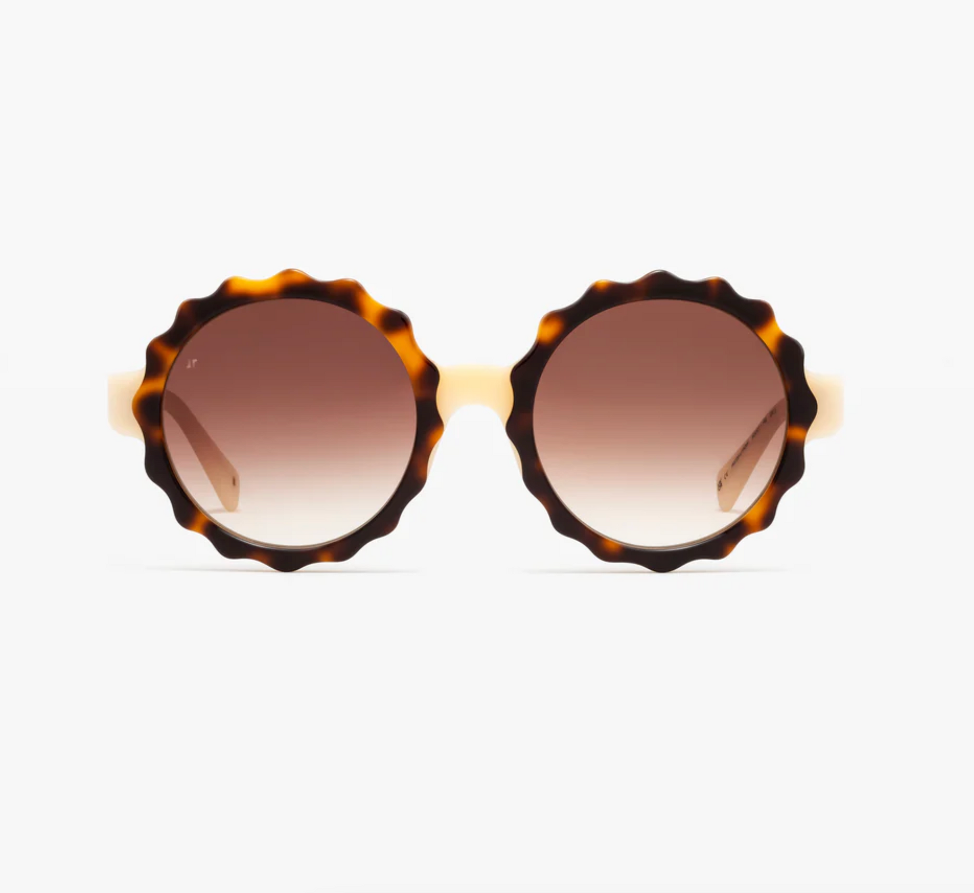 The Lily sunglasses by Jimmy Fairly feature round, wavy brown tortoiseshell acetate frames and gradient brown lenses, shown from the front against a white background.