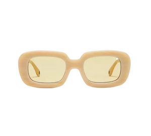 Ily rectangular sunglasses by Jimmy Fairly, shown against a plain white background, feature a sturdy beige cellulose acetate frame, thick arms, lightly tinted yellow lenses, and a durable 7-point metal hinge.