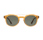The Astie sunglasses by Jimmy Fairly feature round yellow translucent acetate frames, dark lenses, and a thin gold bridge, displayed on a white background.