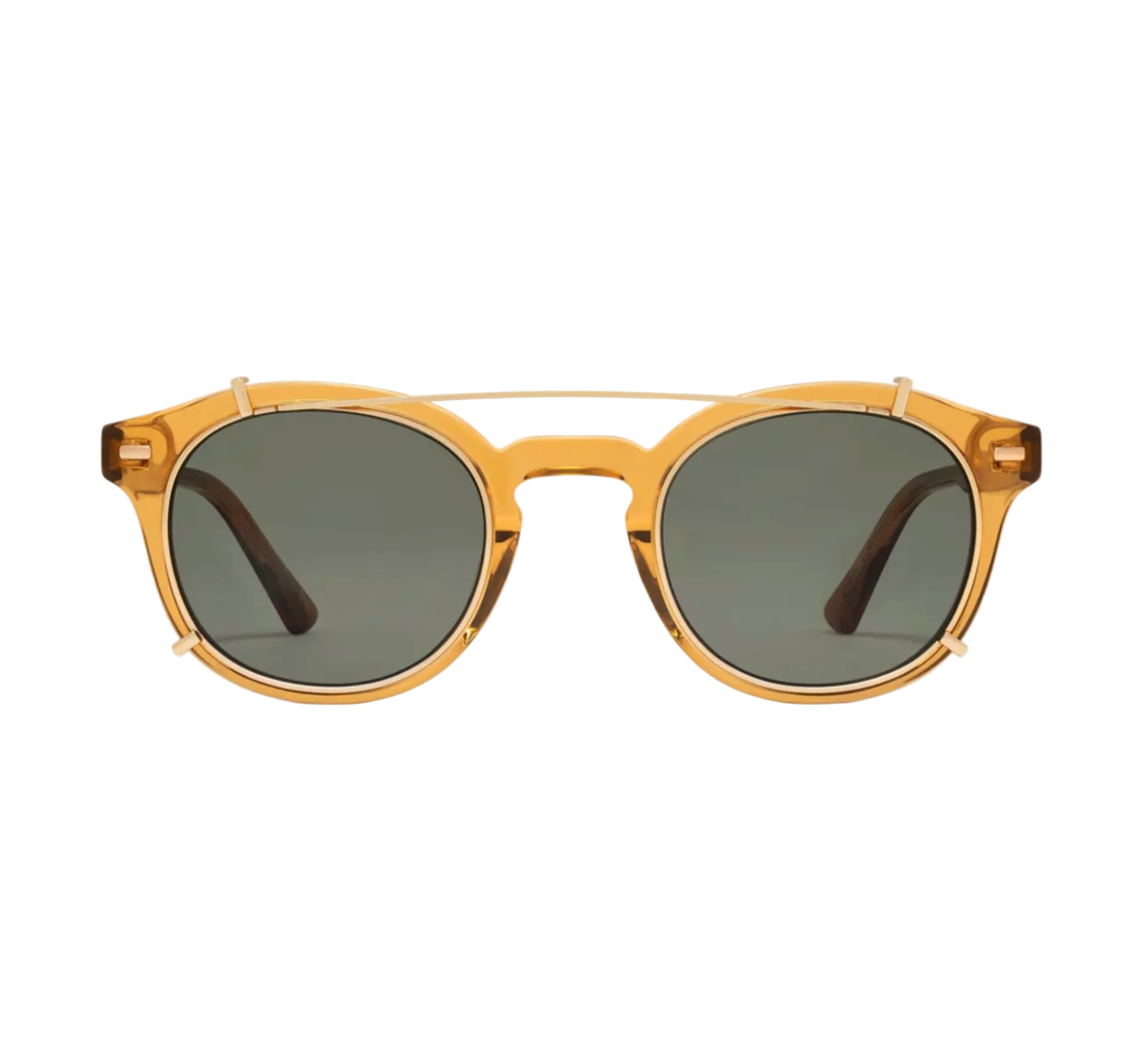 The Astie sunglasses by Jimmy Fairly feature round yellow translucent acetate frames, dark lenses, and a thin gold bridge, displayed on a white background.