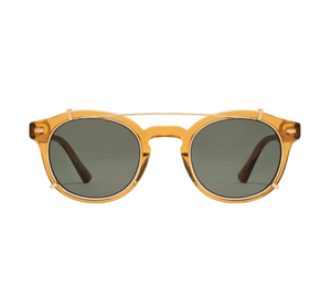 The Astie sunglasses by Jimmy Fairly feature round yellow translucent acetate frames, dark lenses, and a thin gold bridge, displayed on a white background.
