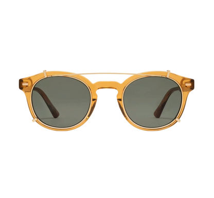 The Astie sunglasses by Jimmy Fairly feature round yellow translucent acetate frames, dark lenses, and a thin gold bridge, displayed on a white background.