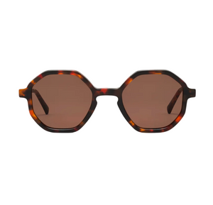 The West Coast sunglasses by Jimmy Fairly feature an octagonal, brown tortoiseshell cellulose acetate frame with sturdy metal hinges, displayed facing forward against a white background.