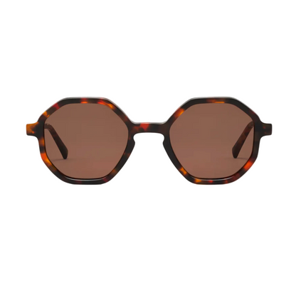 The West Coast sunglasses by Jimmy Fairly feature an octagonal, brown tortoiseshell cellulose acetate frame with sturdy metal hinges, displayed facing forward against a white background.