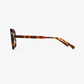 Side view of the Jimmy Fairly West Coast eyeglass frames in tortoiseshell cellulose acetate, featuring rectangular lenses, straight arms, and a durable metal hinge, shown against a white background.