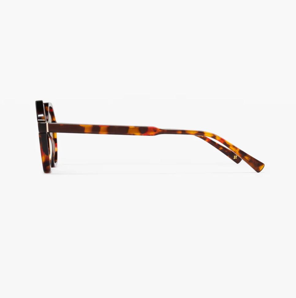 Side view of the Jimmy Fairly West Coast eyeglass frames in tortoiseshell cellulose acetate, featuring rectangular lenses, straight arms, and a durable metal hinge, shown against a white background.