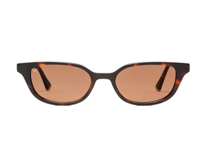 The Pippa cat-eye sunglasses by Jimmy Fairly feature a butterfly frame crafted from dark tortoiseshell cellulose acetate and brown tinted lenses, displayed against a white background.