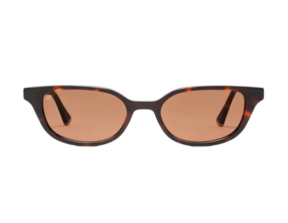 The Pippa cat-eye sunglasses by Jimmy Fairly feature a butterfly frame crafted from dark tortoiseshell cellulose acetate and brown tinted lenses, displayed against a white background.