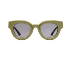 Introducing the Paoli sunglasses by Jimmy Fairly—featuring olive green, thick frames made from premium cellulose acetate and round, dark lenses, displayed on a white background.