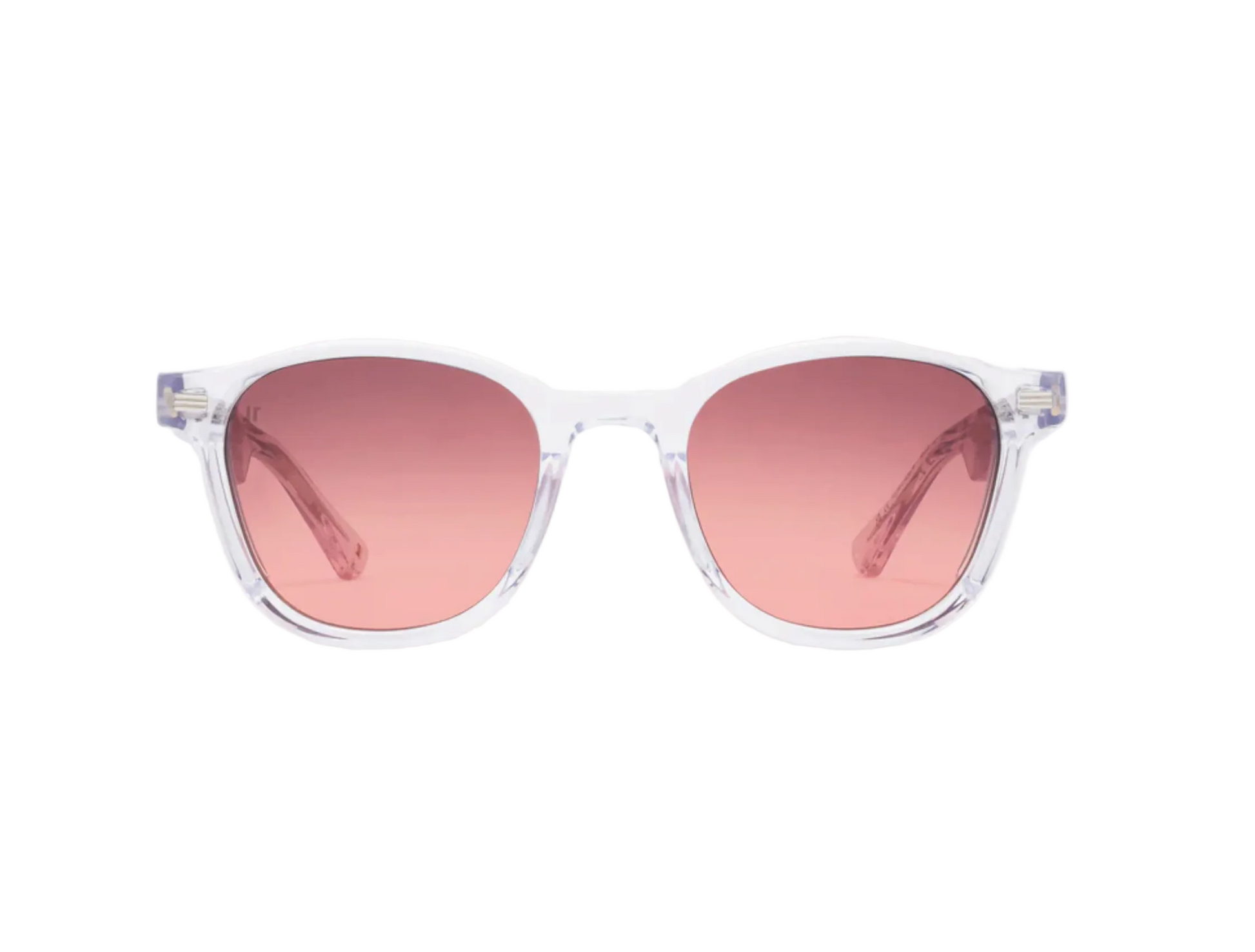 The Adrian sunglasses by Jimmy Fairly feature a stylish square frame crafted from premium cellulose acetate, with clear frames and pink-tinted lenses. Shown from the front against a white background.