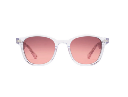 The Adrian sunglasses by Jimmy Fairly feature a stylish square frame crafted from premium cellulose acetate, with clear frames and pink-tinted lenses. Shown from the front against a white background.