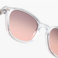 Close-up of the Adrian sunglasses by Jimmy Fairly, showcasing a square frame crafted from premium cellulose acetate and pink gradient lenses, with a 5-point metal hinge for added durability, set against a white background.