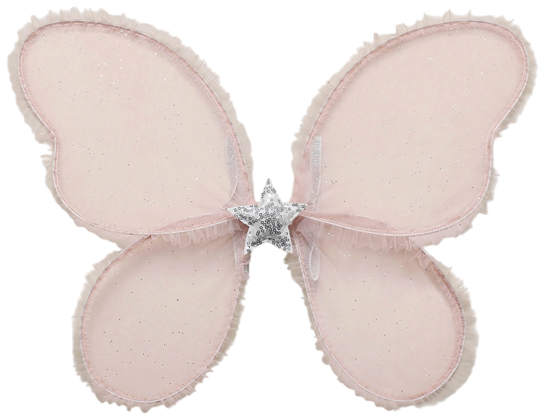 Noralee Wings in light pink feature subtle glitter, ruffled edges, and a silver star at the center. Displayed on a white background, these charming wings are perfect as dress-up accessories or for inspiring imaginative play.